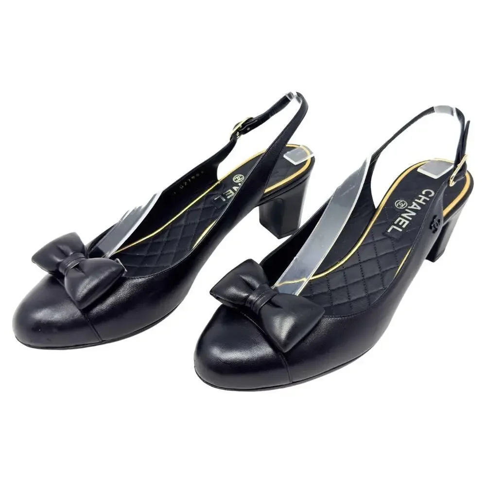 Chanel CC Logo Bow Black Gold Slingback Quilted Mary Jane Block Heels Loafers 38